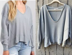 Free People Oversized Slouchy Relaxed Boxy Fit Waffle Knit Distressed Grungy S